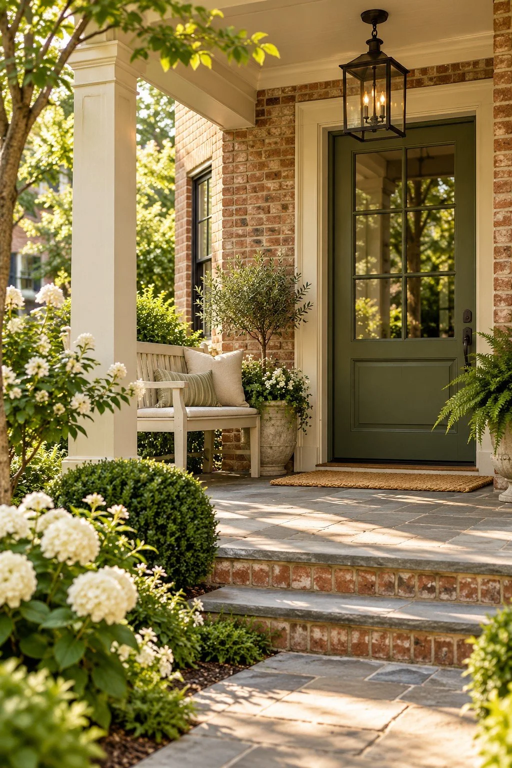 Illustrative welcoming brick porch with an olive-green door and cream bench.