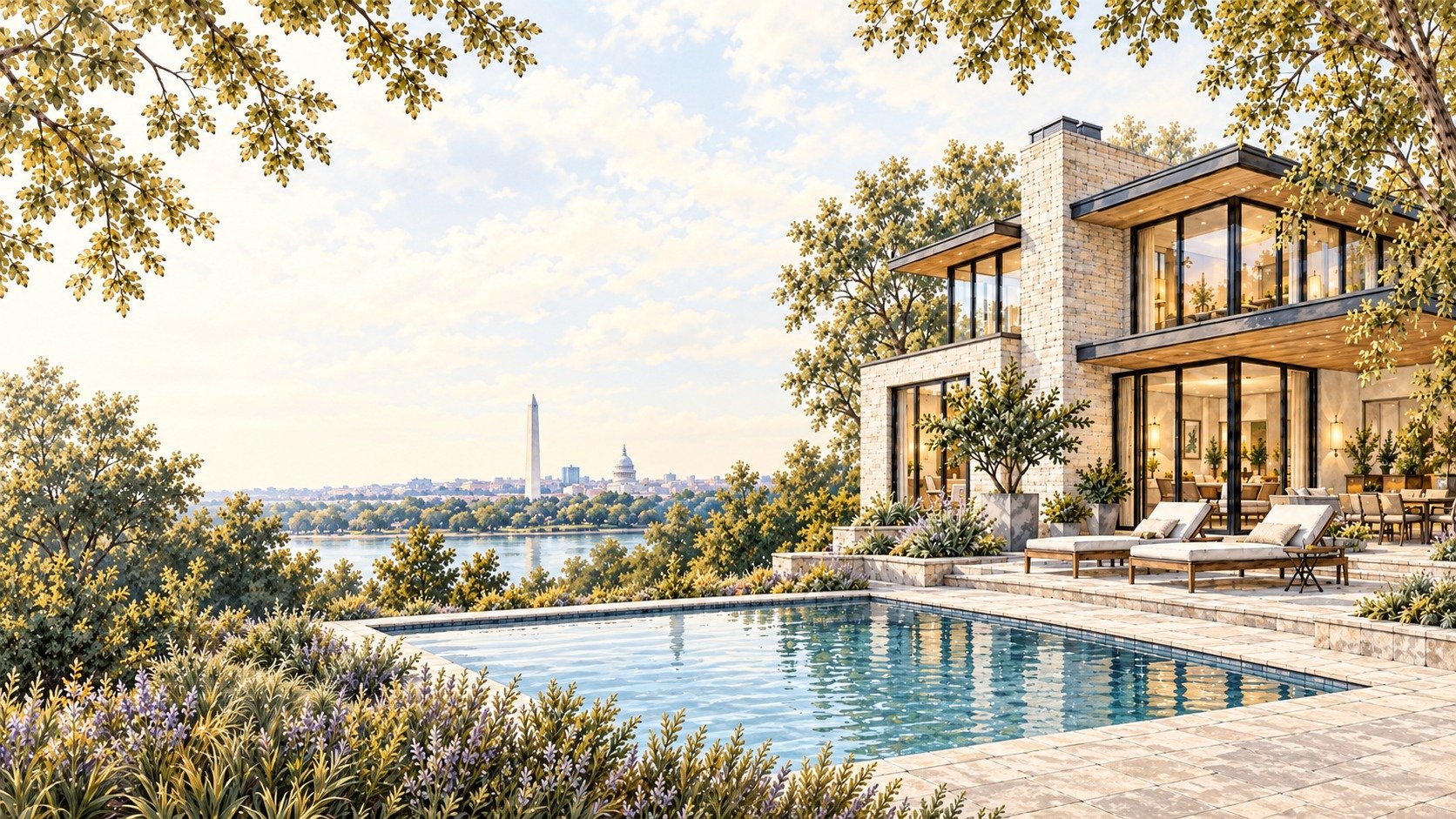 Modern luxury home with a pool overlooking the Washington, DC skyline.
