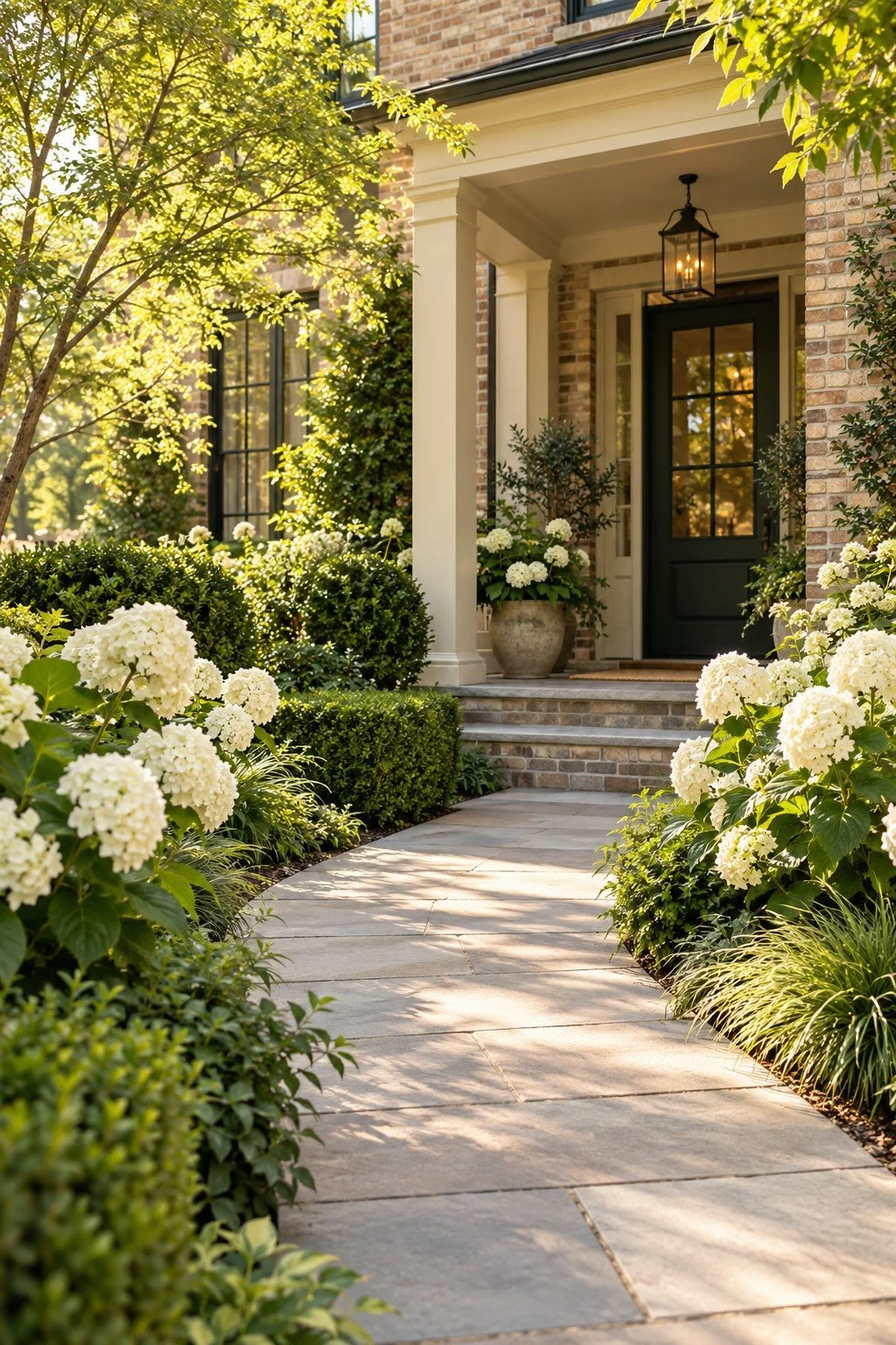 Illustrative garden walkway with hydrangeas leading to a welcoming brick home.
