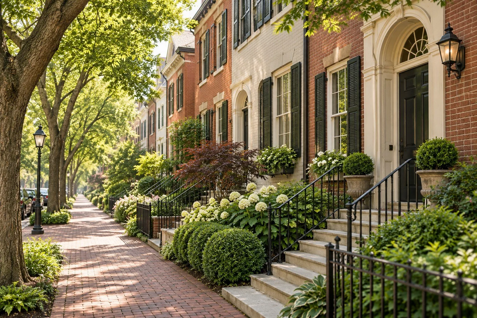 Illustrative tree-lined neighborhood with brick townhomes.