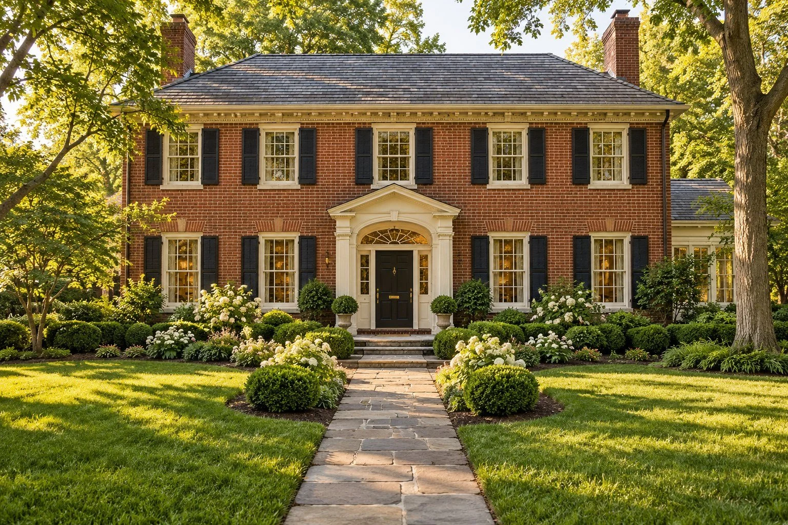 Illustrative brick home with a landscaped front garden.