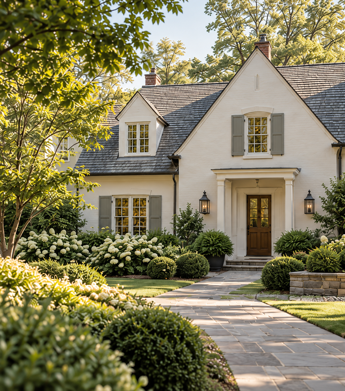 Cream home with sage shutters, a landscaped walkway, and soft warm sunlight.