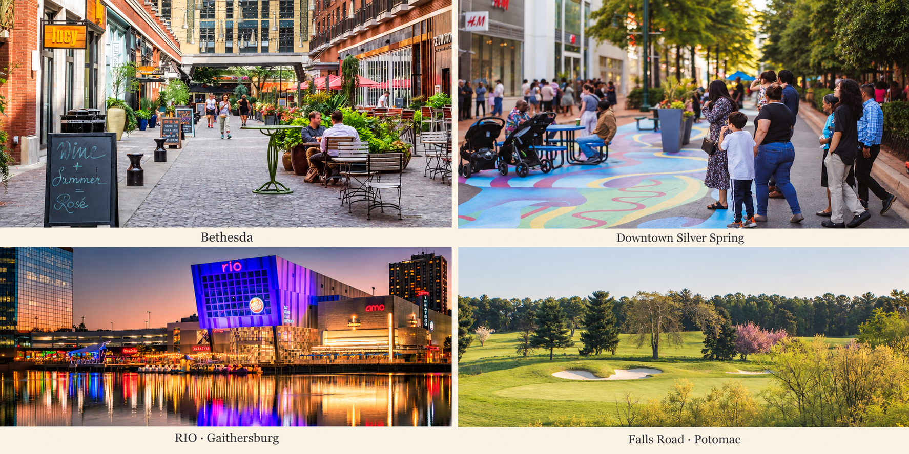 Montgomery County: Bethesda, downtown Silver Spring, RIO in Gaithersburg, and Falls Road in Potomac