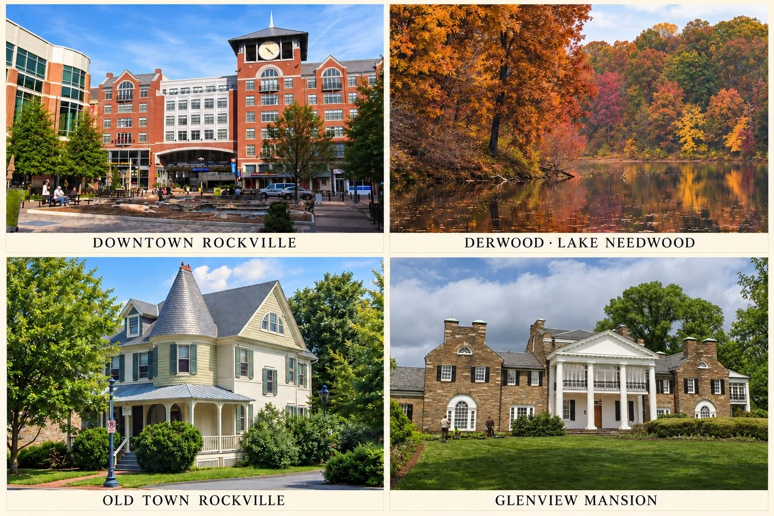 AI-assisted collage of downtown Rockville, Lake Needwood in Derwood, historic Old Town Rockville, and Glenview Mansion, with cream borders.
