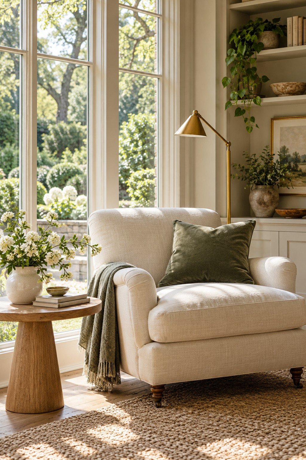 Illustrative sunlit reading corner with a cream chair and green cushion.