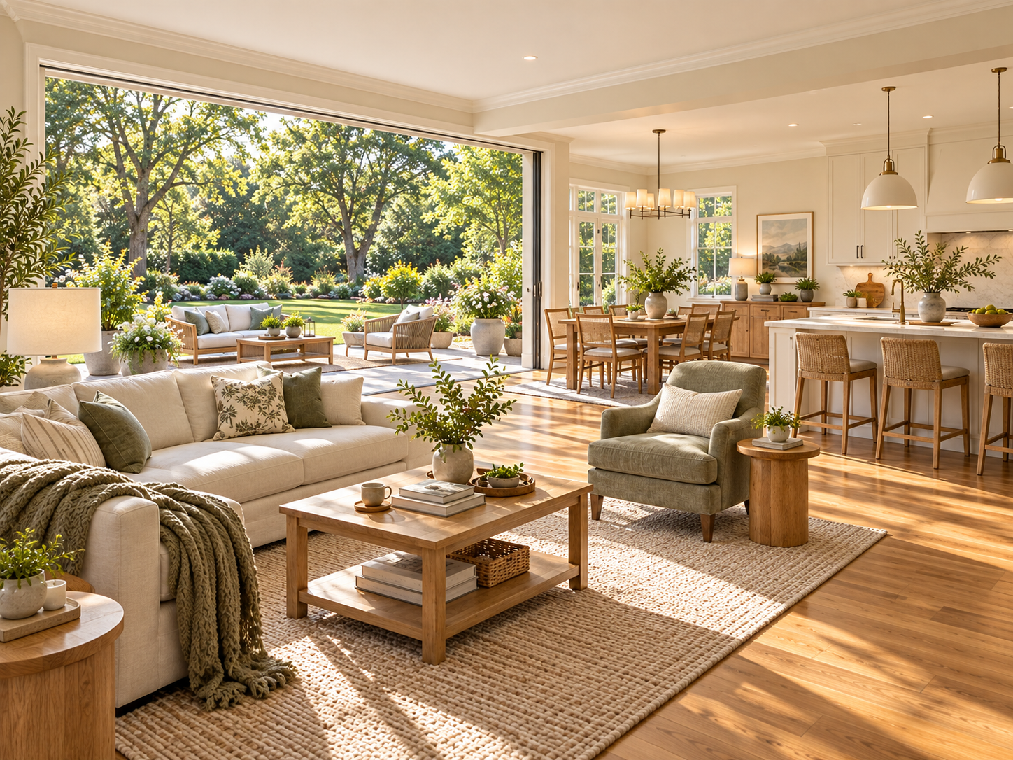 Illustrative sunlit living room opening to a leafy backyard patio.