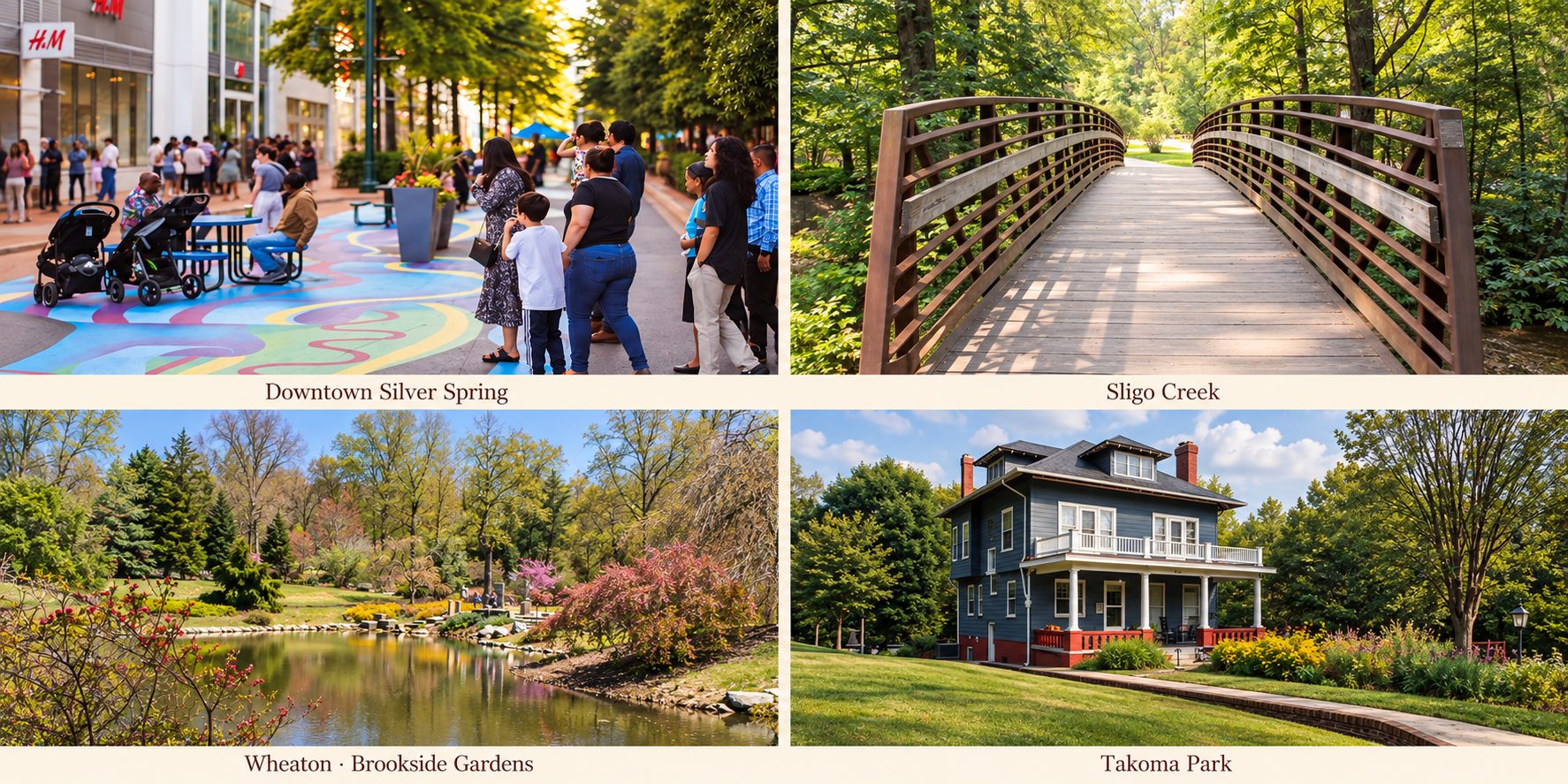 Illustrative collage of Downtown Silver Spring, Sligo Creek, Wheaton–Brookside Gardens, and Takoma Park.