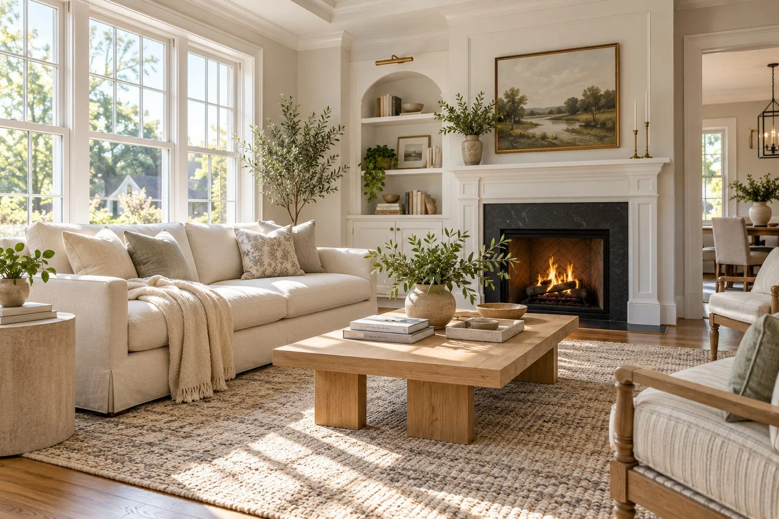 Illustrative living room with cream furnishings and warm natural light.