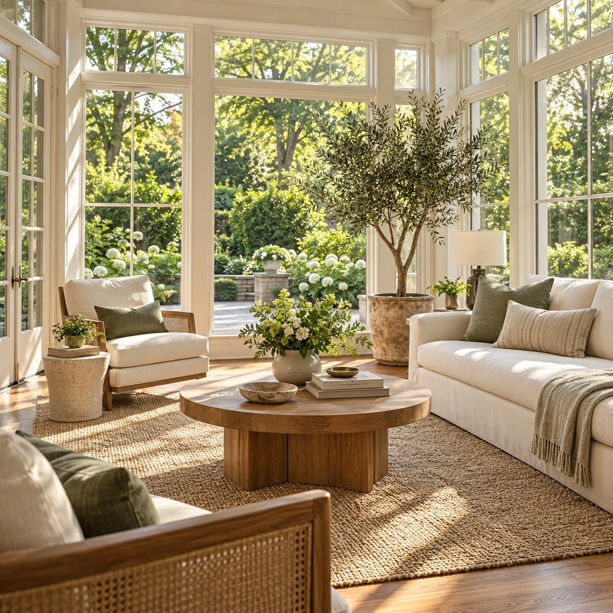 Illustrative sunroom with cream furnishings and garden views.