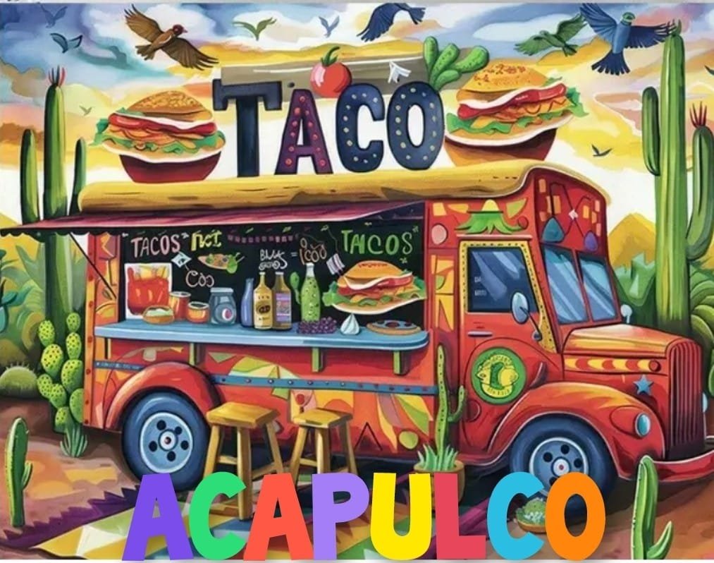 Colorful illustration of a taco food truck surrounded by cacti and birds in a desert landscape, with the word 'TACO' in large letters on top and 'ACAPULCO' at the bottom.