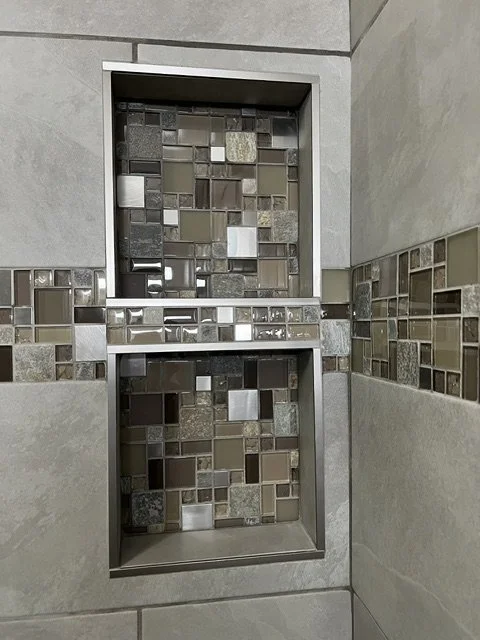 Custom tile soap dish by Lehman Construction in Roseburg, Oregon.