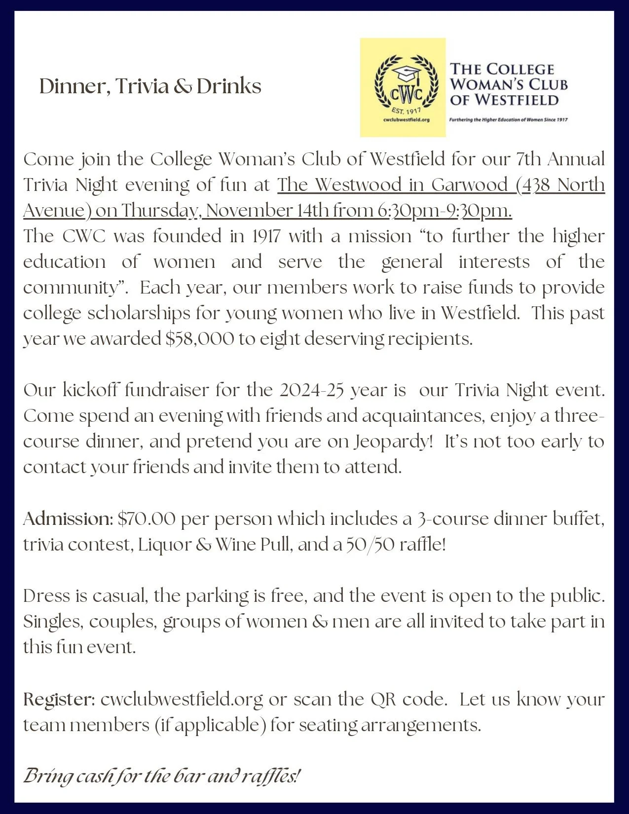 Join us at The Westwood in Garwood (438 North Ave) for our 7th Annual Trivia Night!