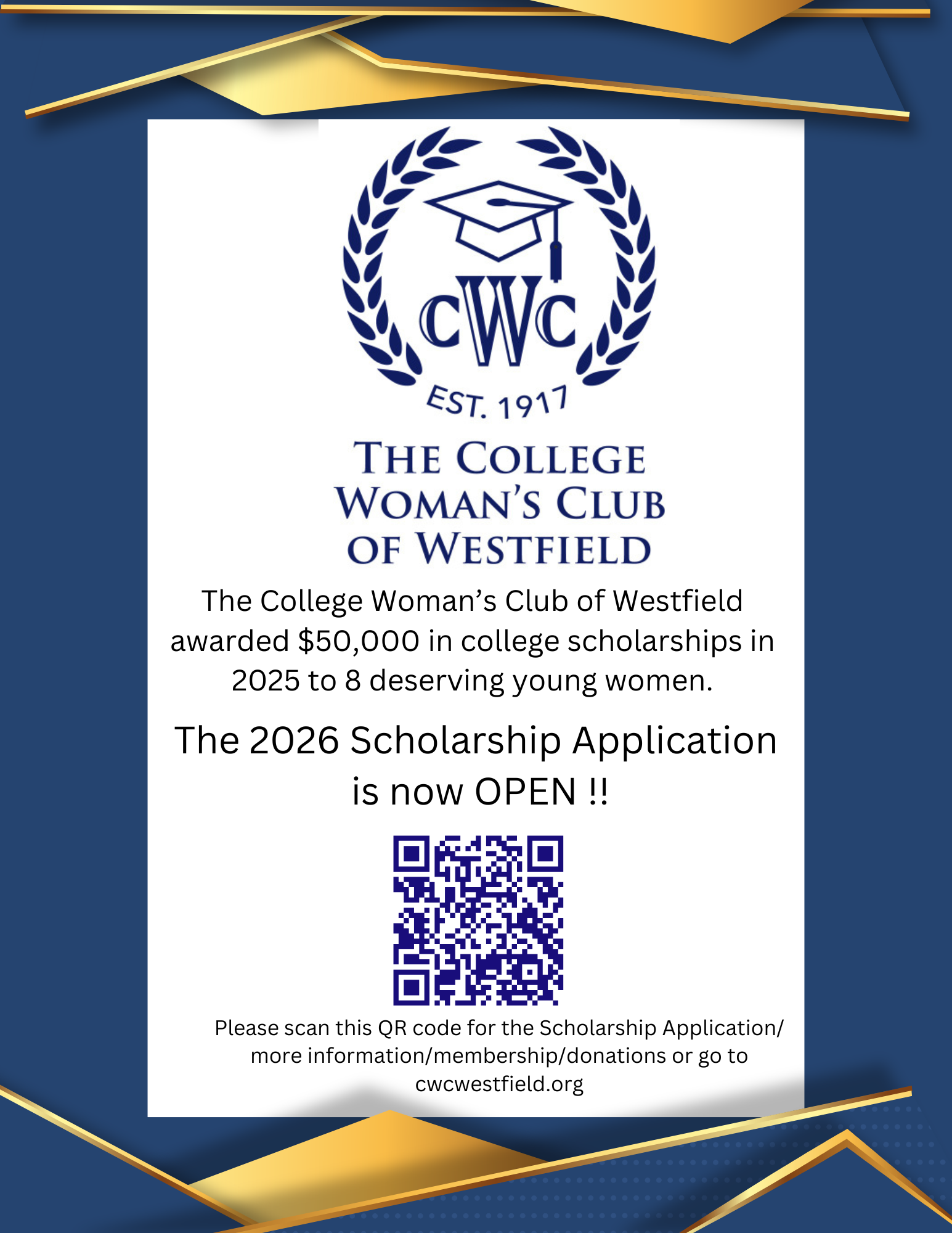 The College Woman’s Club of Westfield Scholarship Applications are Now Open.