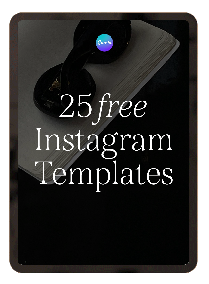 A digital tablet displaying a promotional graphic for '25 free Instagram templates,' with a stack of notebooks, sunglasses, and a phone on top of the notebooks in the background.