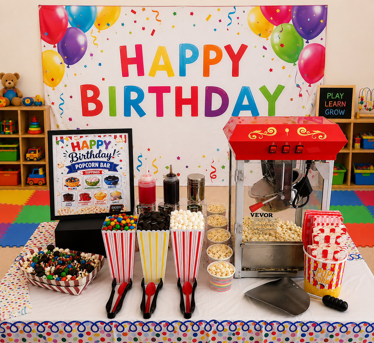 Styled popcorn bar for a children's birthday celebration at a learning center featuring popcorn, toppings, and décor.