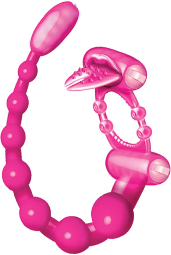Pink toy with a curved chain of beads, a dinosaur head with a spiked tongue, and rounded shapes.