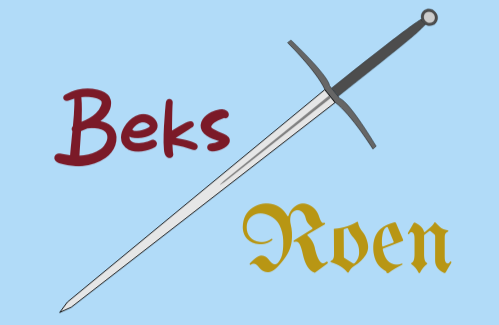 A sword with "Beks Roen" written around it on blue background