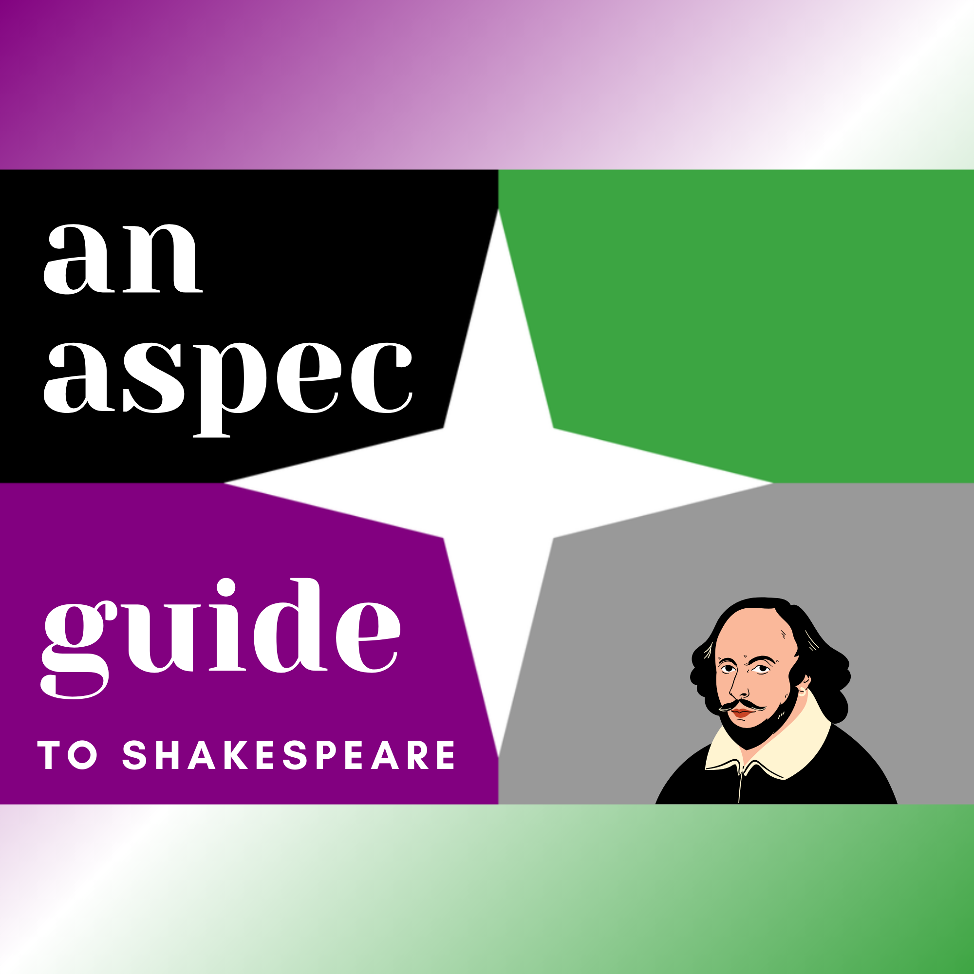 purple, green, and grayscale gradient with white square, cartoon Shakespeare face, and text reading "an aspec guide to Shakespeare"