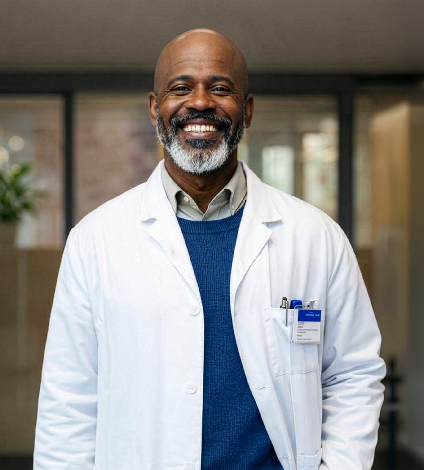 A smiling African American man wearing a white lab coat, blue sweater, and a name badge, standing indoors.