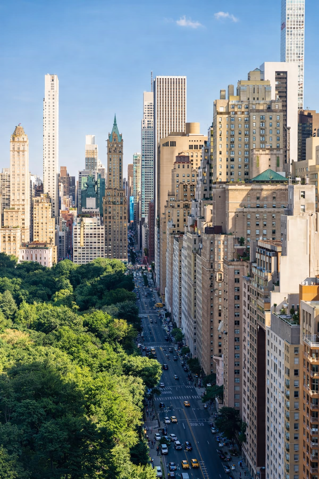 City skyline with tall buildings and skyscrapers, green park area with trees, and a busy street with cars and pedestrians under a clear blue sky.