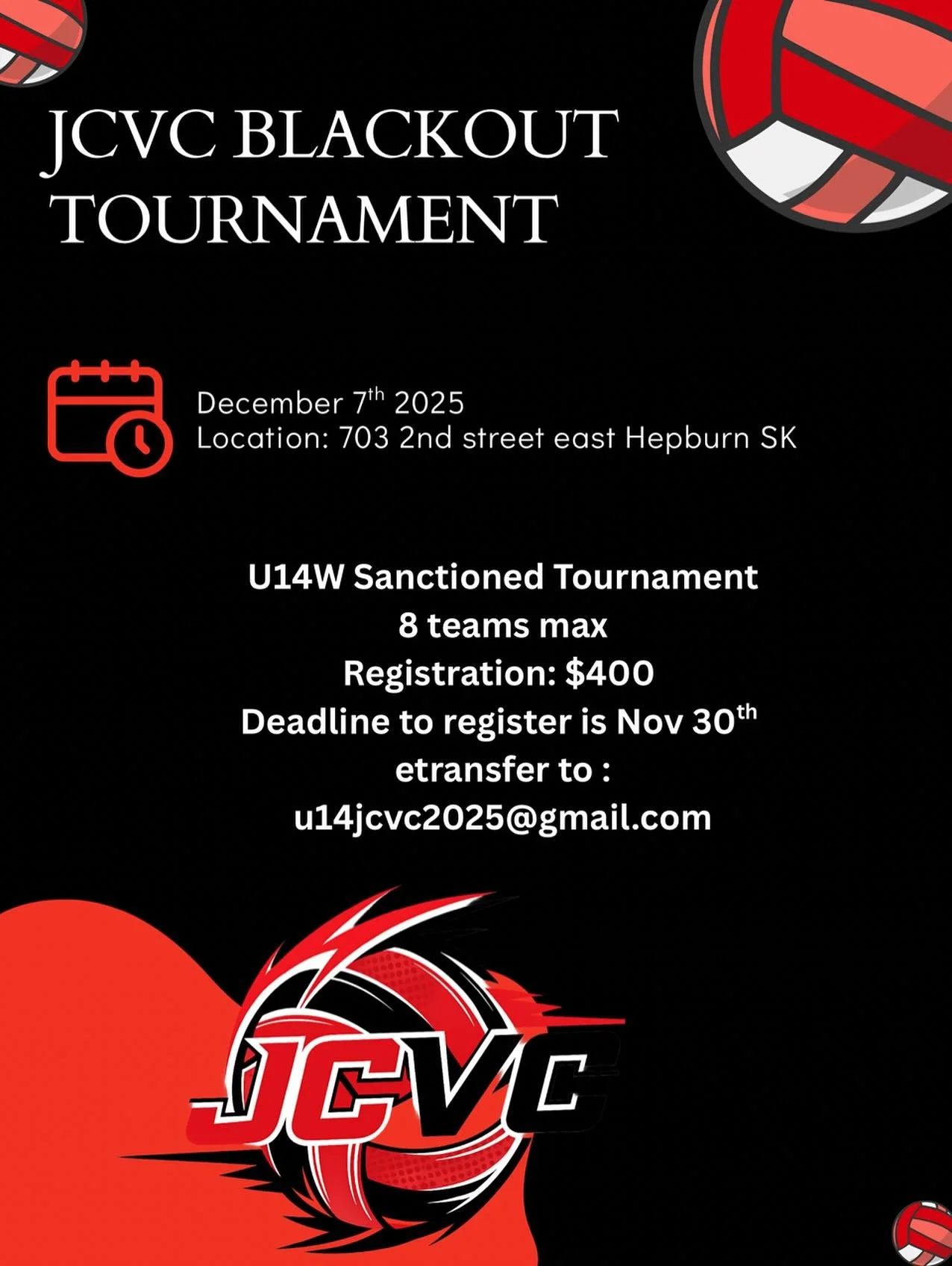 Our U14 girls team is hosting a tournament in December and are looking to fill 3 more spots ! To register or for more info send an email to : u14jcvc2025@gmail.com