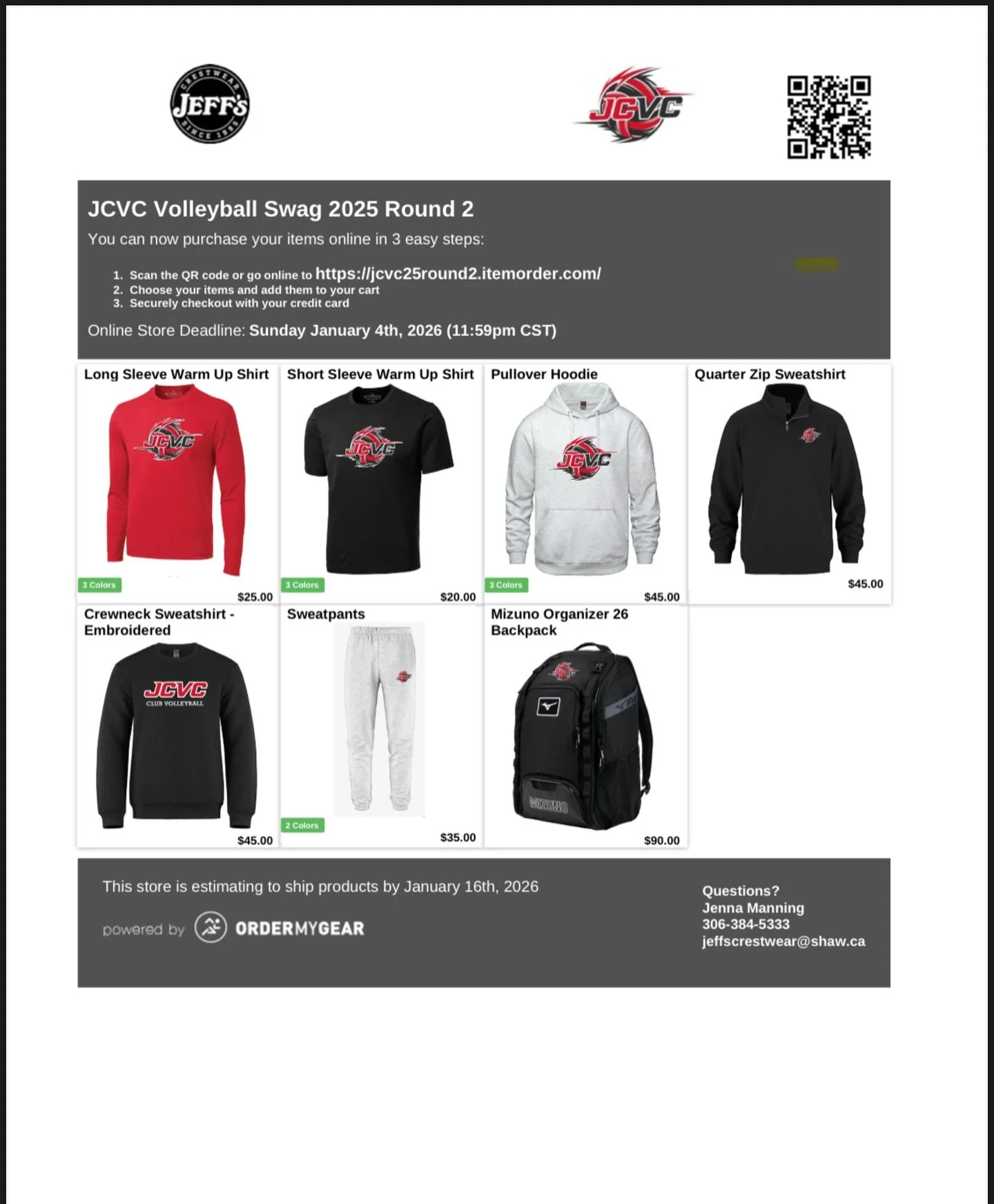 Did you miss the clothing order deadline ? Here&rsquo;s your second chance to order ! The clothing store is open to all athletes, friends, family and JCVC Fans !