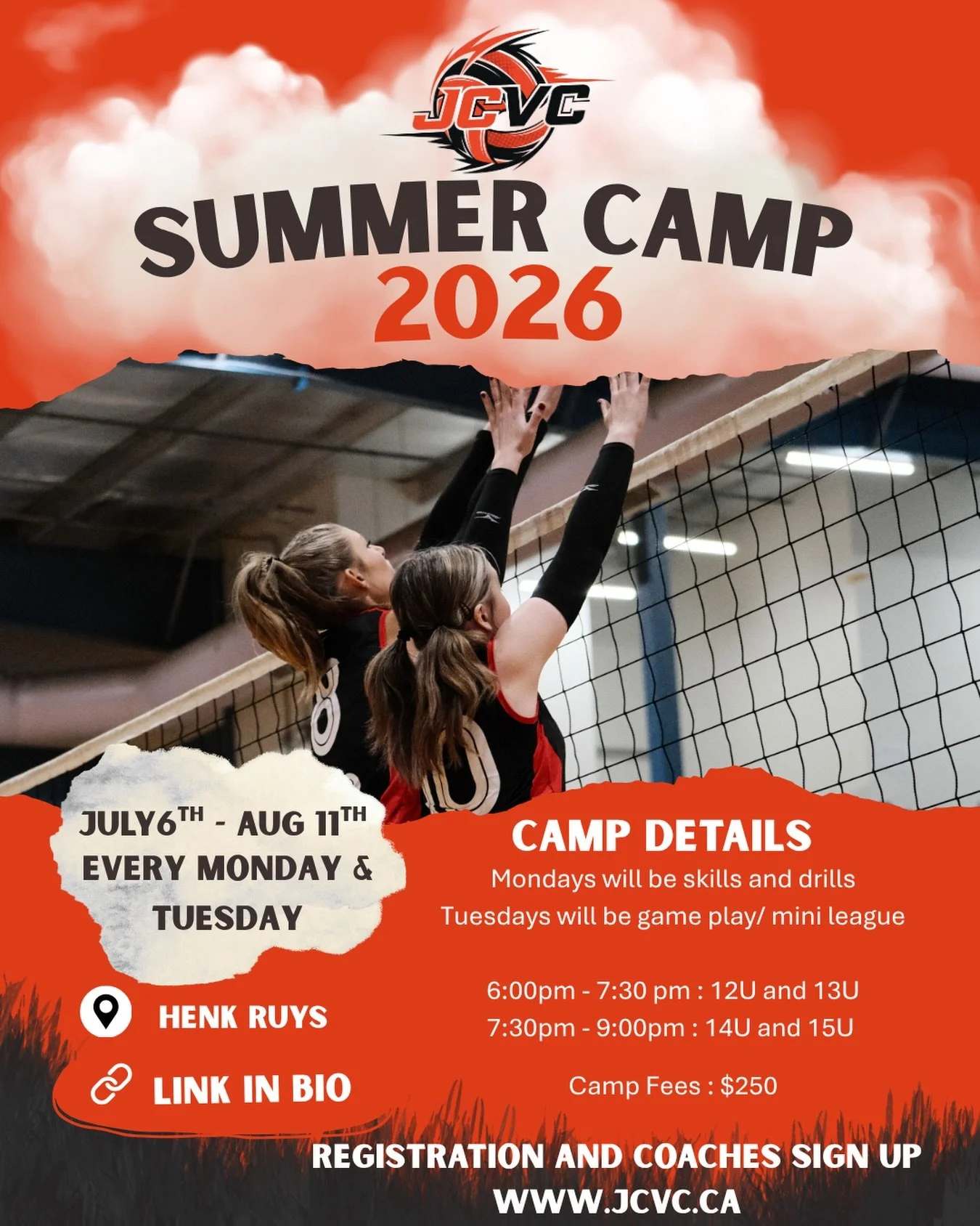 JCVC is excited to announce that we are offering summer camps this year ! Register now on our website ! #summercamps #volleyball #saskatoon #jcvc #clubvolleyball