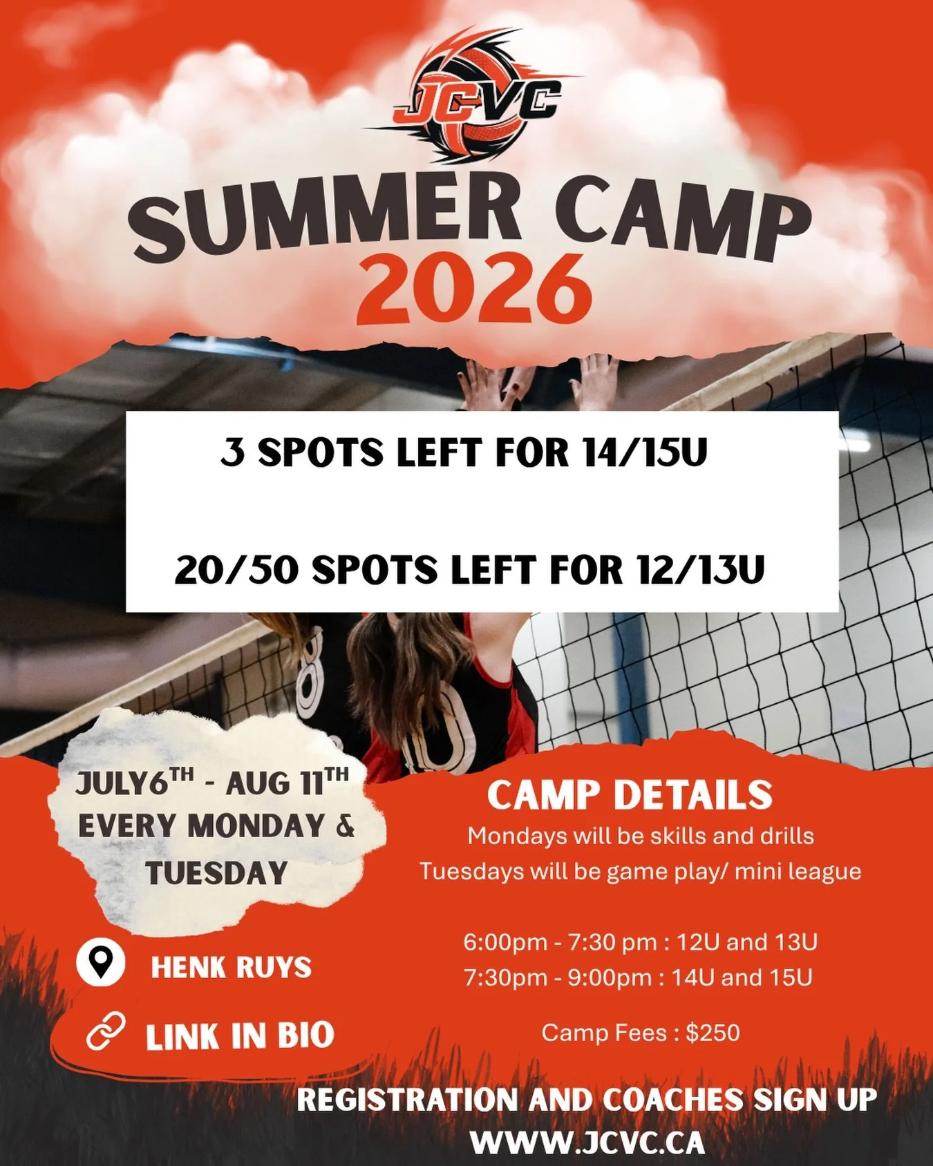 Our summer camps are filling up ! Secure your spot today before we&rsquo;re completely full ! #summercamp #volleyball #clubvolleyball #jcvc #saskvolleyball