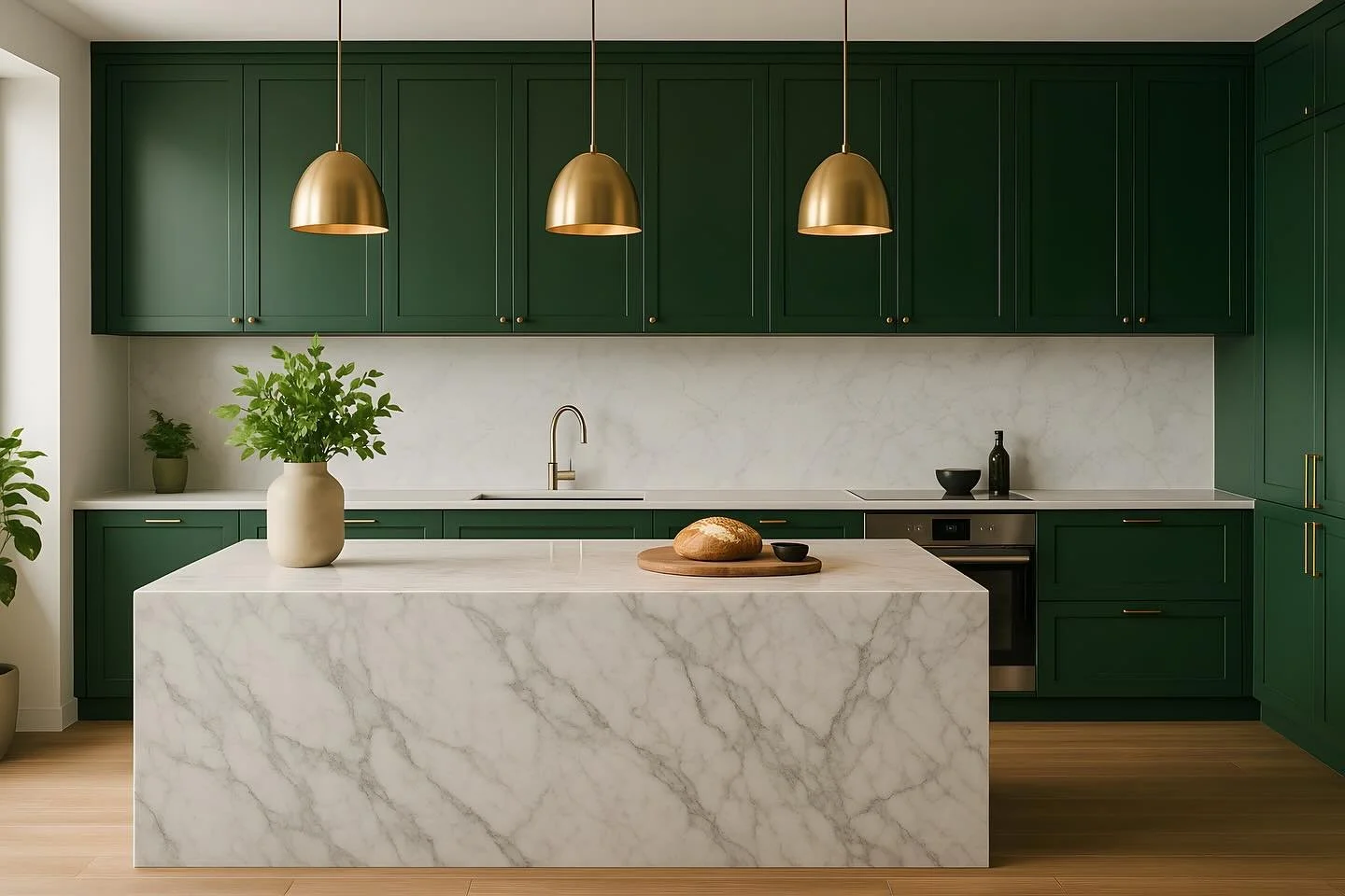Rich emerald cabinetry, brushed gold accents, and veined marble come together in perfect harmony. 

#StudioOak
#customcabinetry 
#modernclassic 
#refinedliving