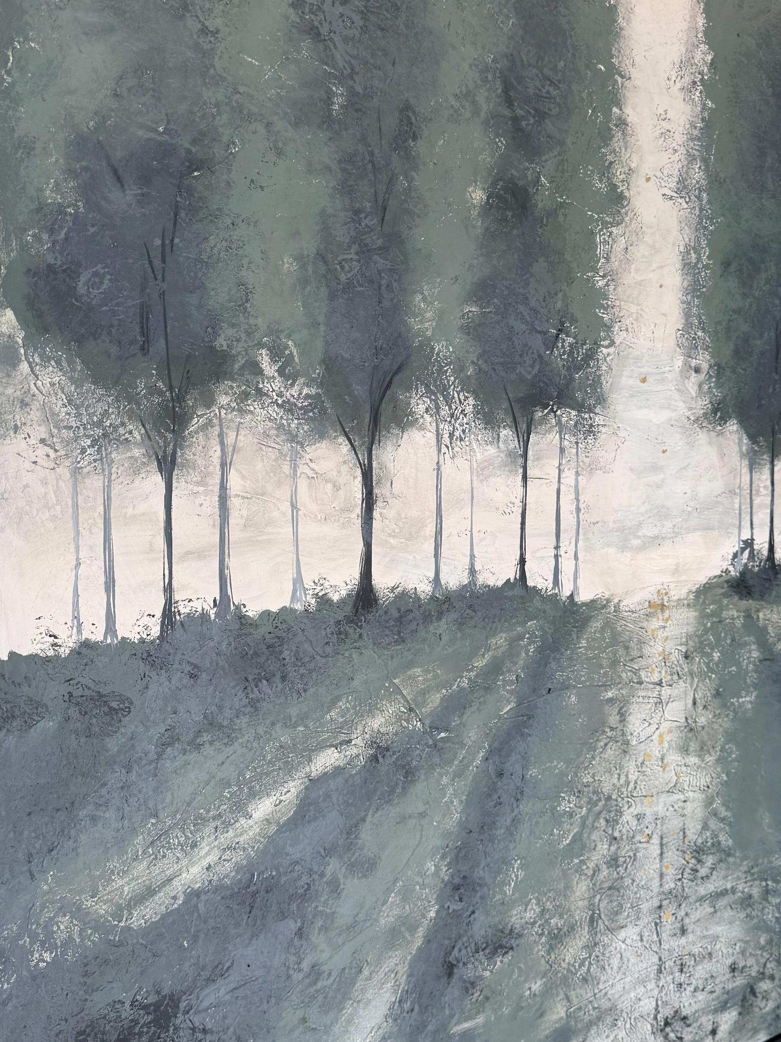 A painting of a row of trees with dark trunks and greenish leaves, with a light background and a textured metallic surface.