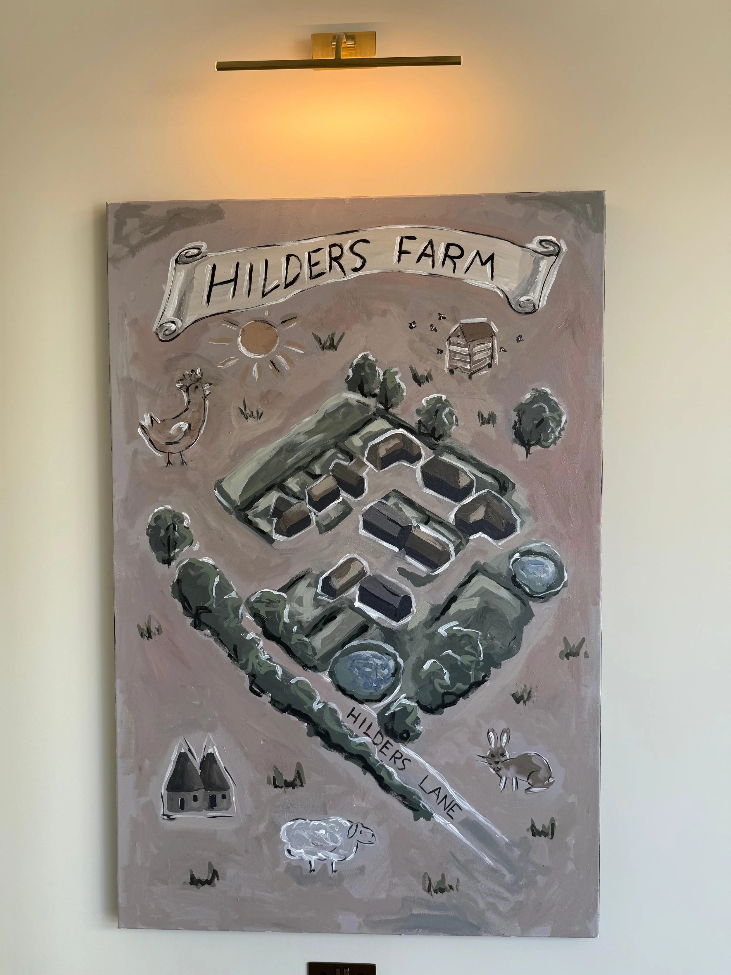 A painting of a farm scene with a banner reading 'Hilders Farm' at the top, depicting a rooster, a house, sheep, trees, a pond, and a rabbit. The scene is stylized with simple, cartoon-like drawings.