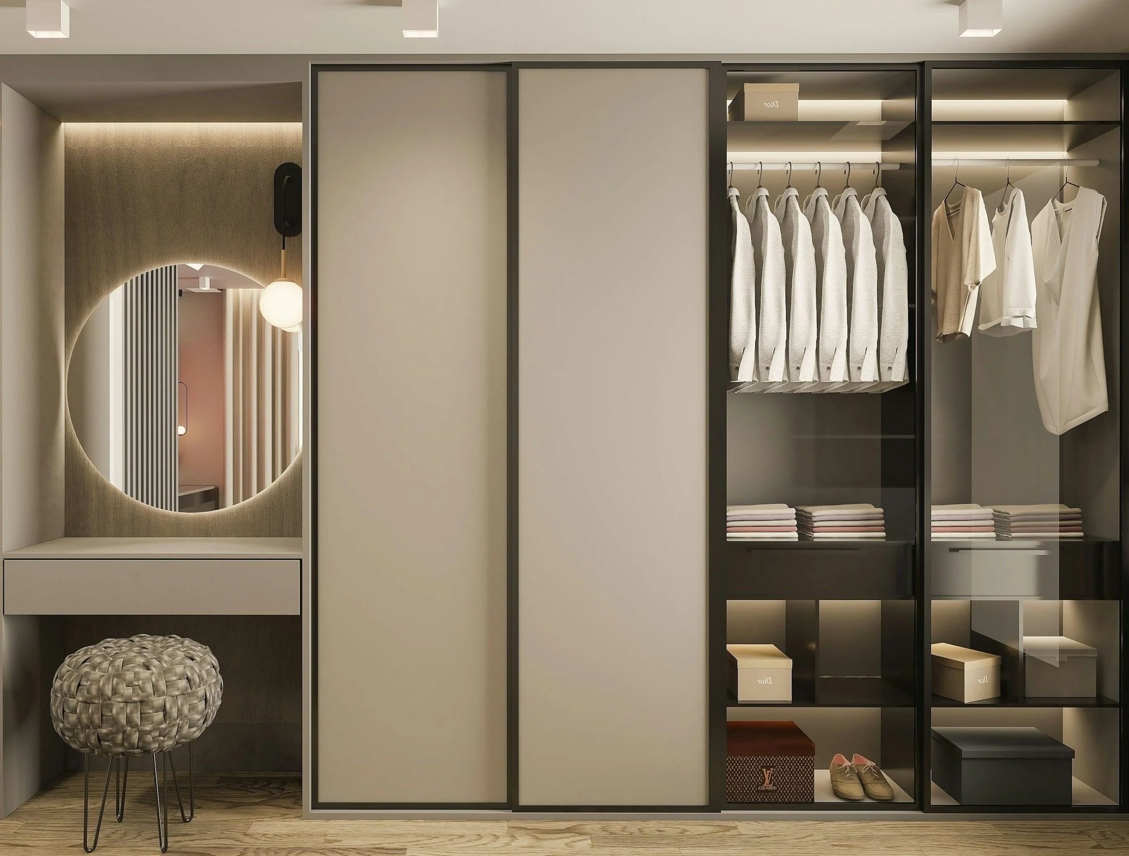 Wardrobe with hanging clothes, folded garments, boxes, and shoes, alongside a round mirror and decorative stool in a modern bedroom.