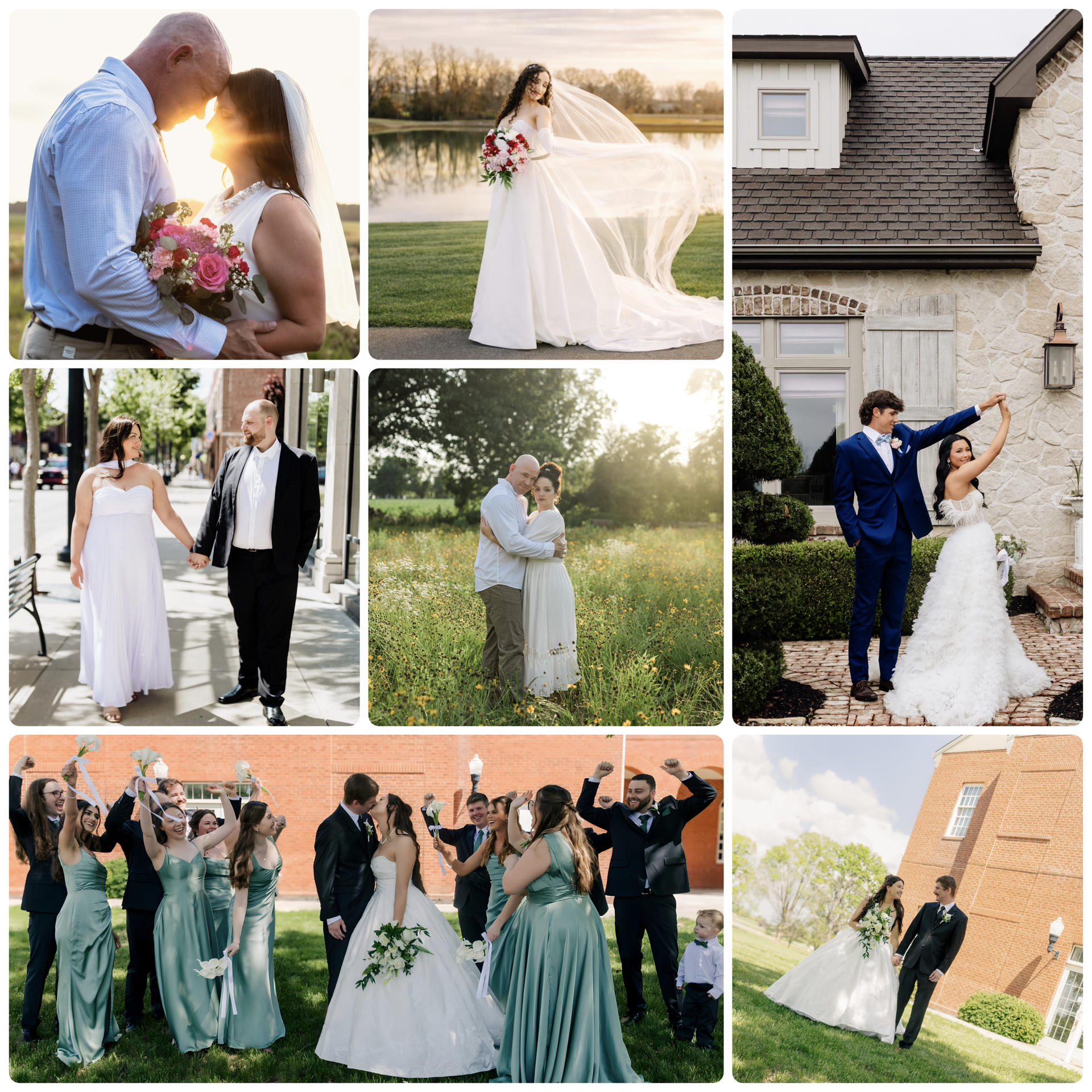 A collage of wedding scenes including a couple in wedding attire, with the bride holding a bouquet of pink and red flowers, posing by a lake at sunset, a groom dancing with a group of celebrants, and a bride and groom walking hand in hand in a garden with green bridesmaids.