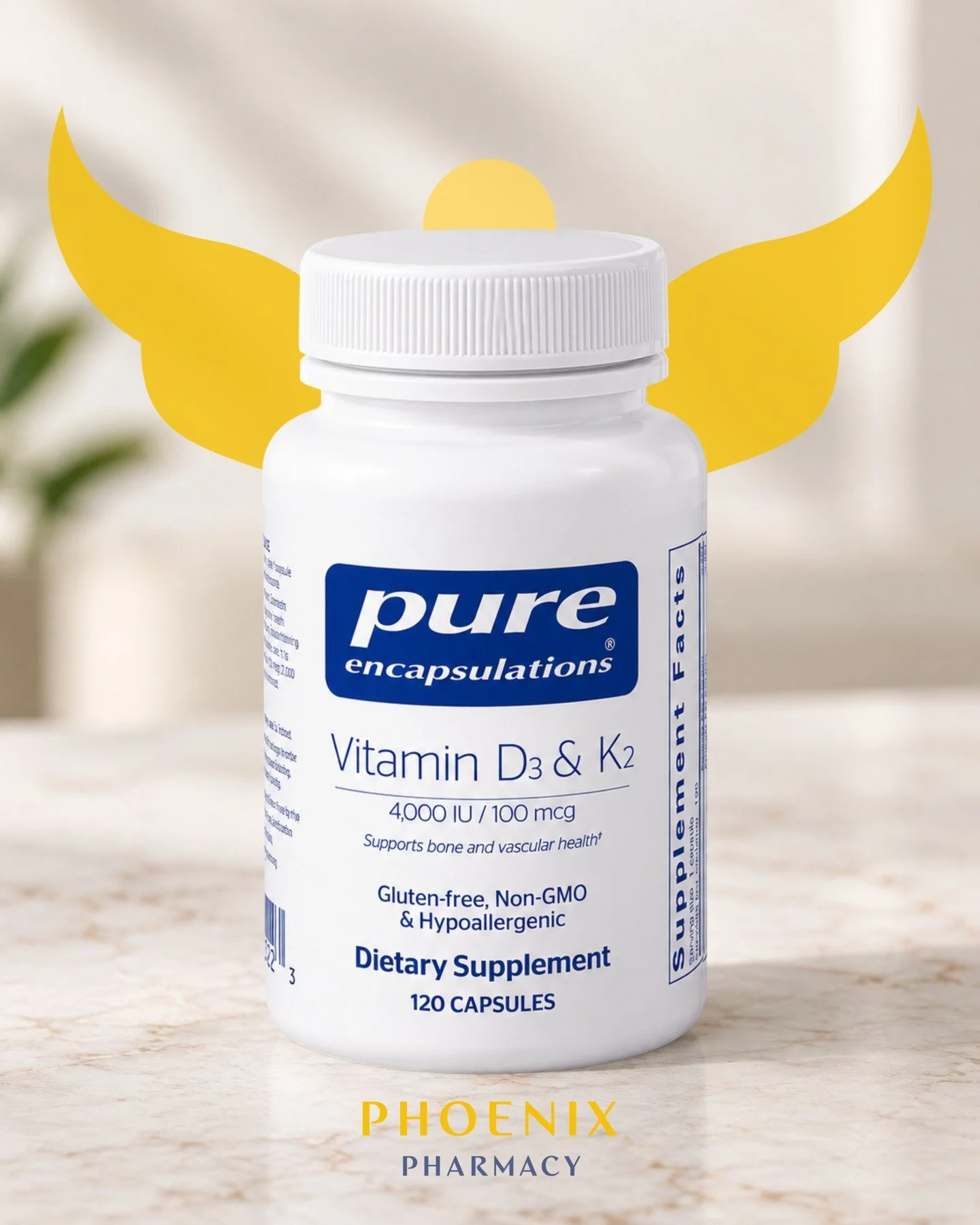 Meet Pure Encapsulations Vitamin D3 + K2, two essential vitamins that work together to support bone and vascular health.

Vitamin D3 helps your body absorb calcium, an essential mineral for maintaining strong, healthy bones.

Vitamin K2 plays an impo