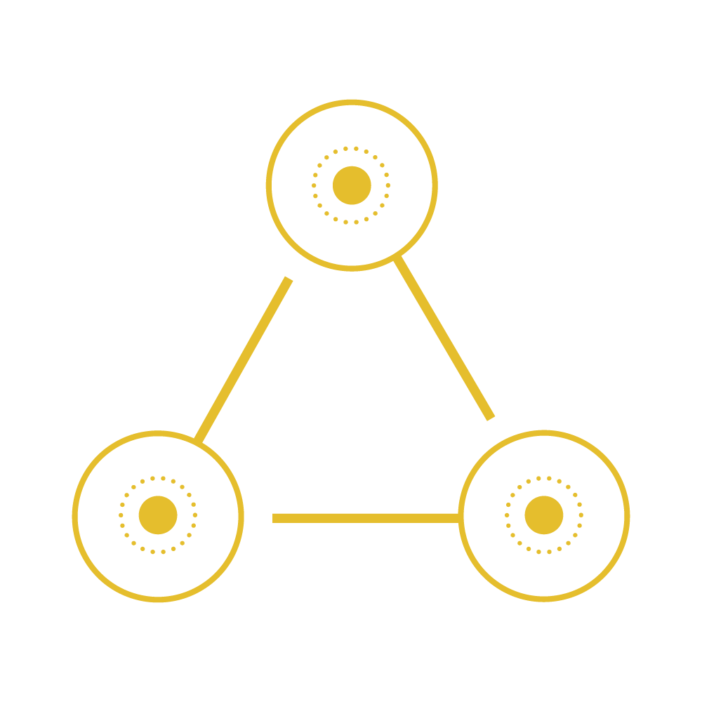Yellow icon of a triangular shape with circles at each point of the triangle symbolizing "Hormone Replacement"