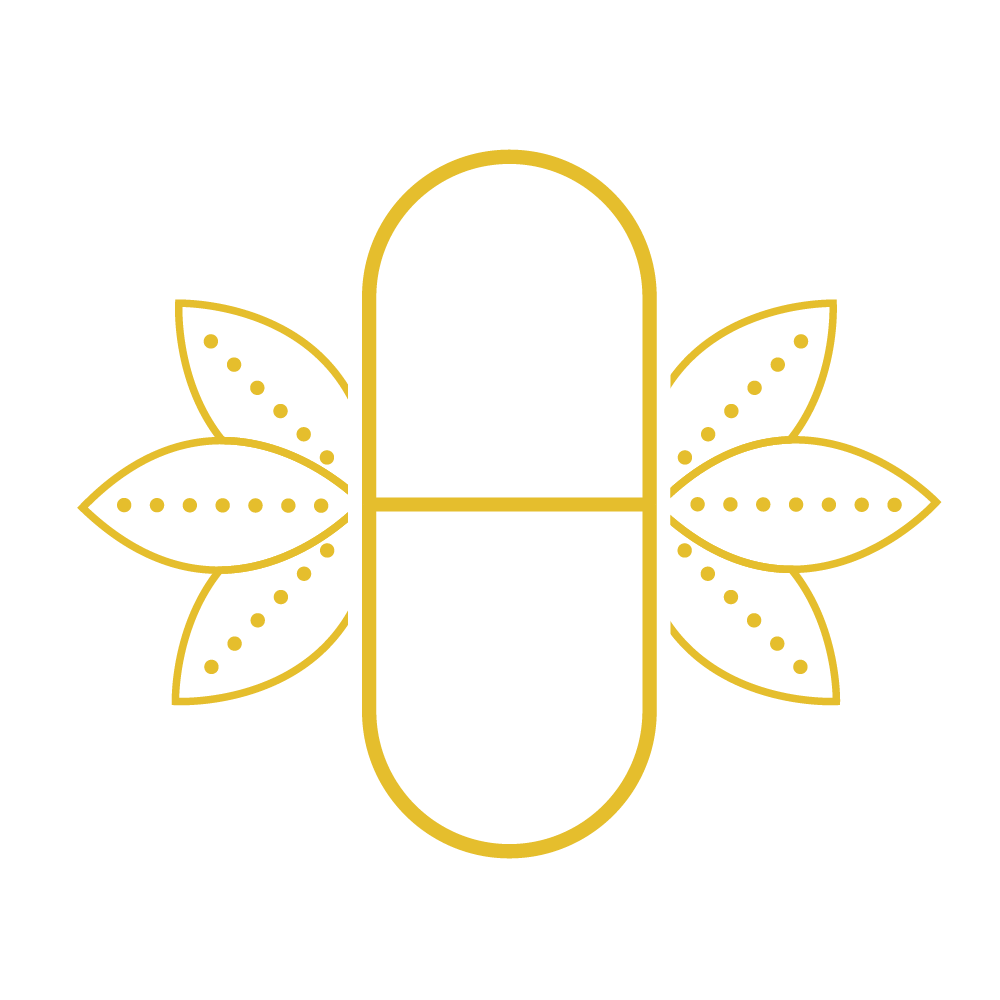 Icon of a pill shape surrounded by leaves representing "Holistic Supplements"