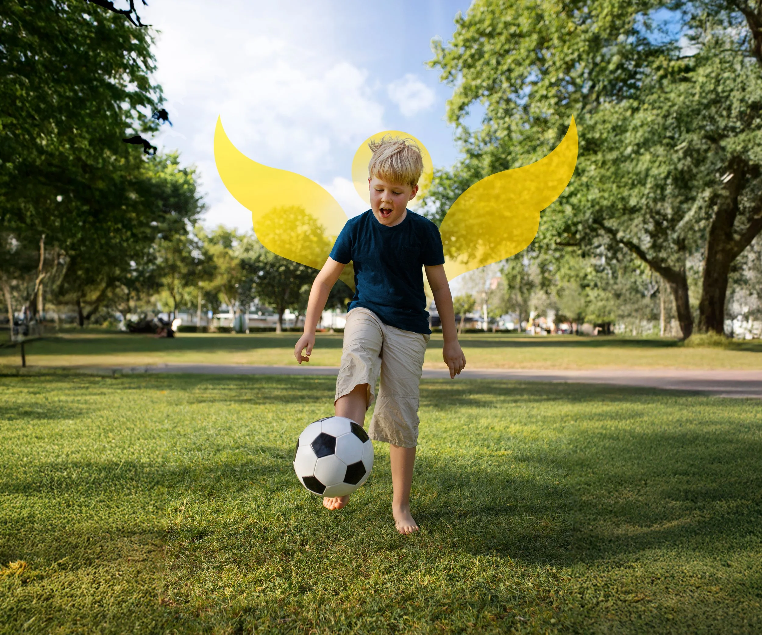 Happy, healthy child playing soccer outdoors, representing strong pediatric immune support and everyday wellness for active kids.