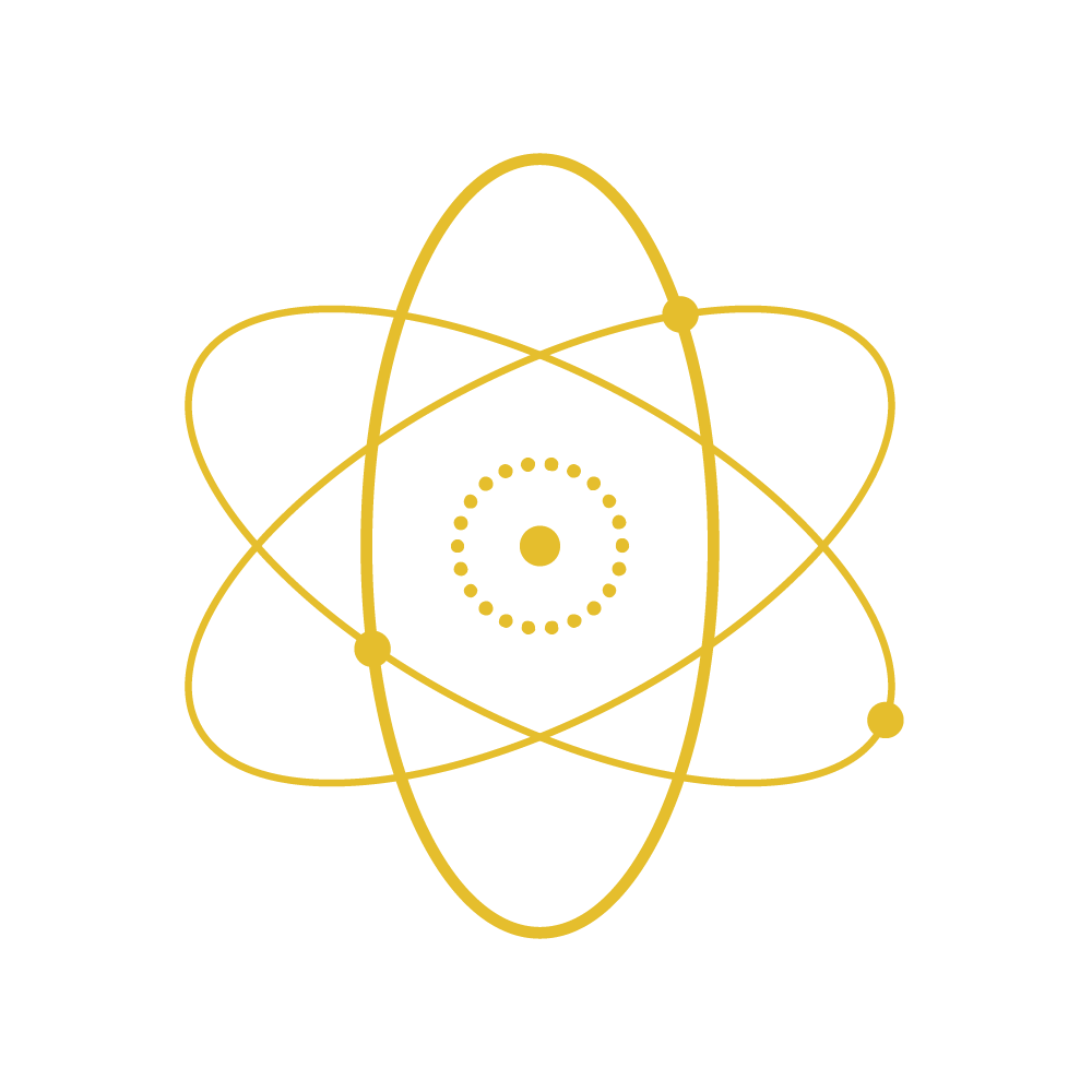 Yellow lineart icon of an atomic structure representing "Custom Compounding"