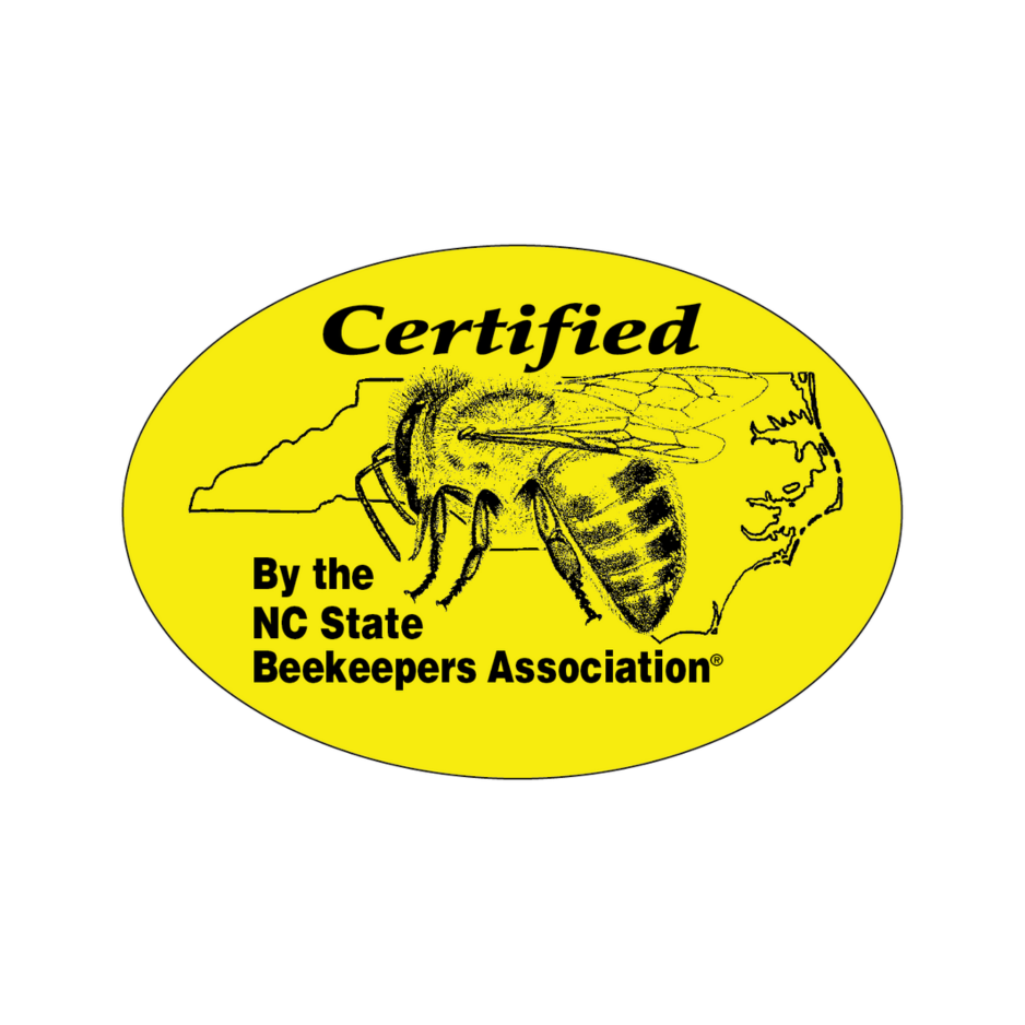 Yellow oval certification badge with a bee, a map outline of North Carolina, and the text 'Certified by the NC State Beekeepers Association'.