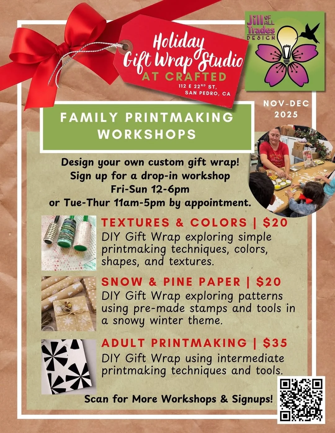 NEW at the Holiday Gift Wrap Studio at CRAFTED: Family Printmaking Workshops!

Come get your gifts wrapped OR roll up your sleeves and create wrapping paper of your own using textures, stamps, and wintery patterns 🎁✨
A fun option for toddlers, adult