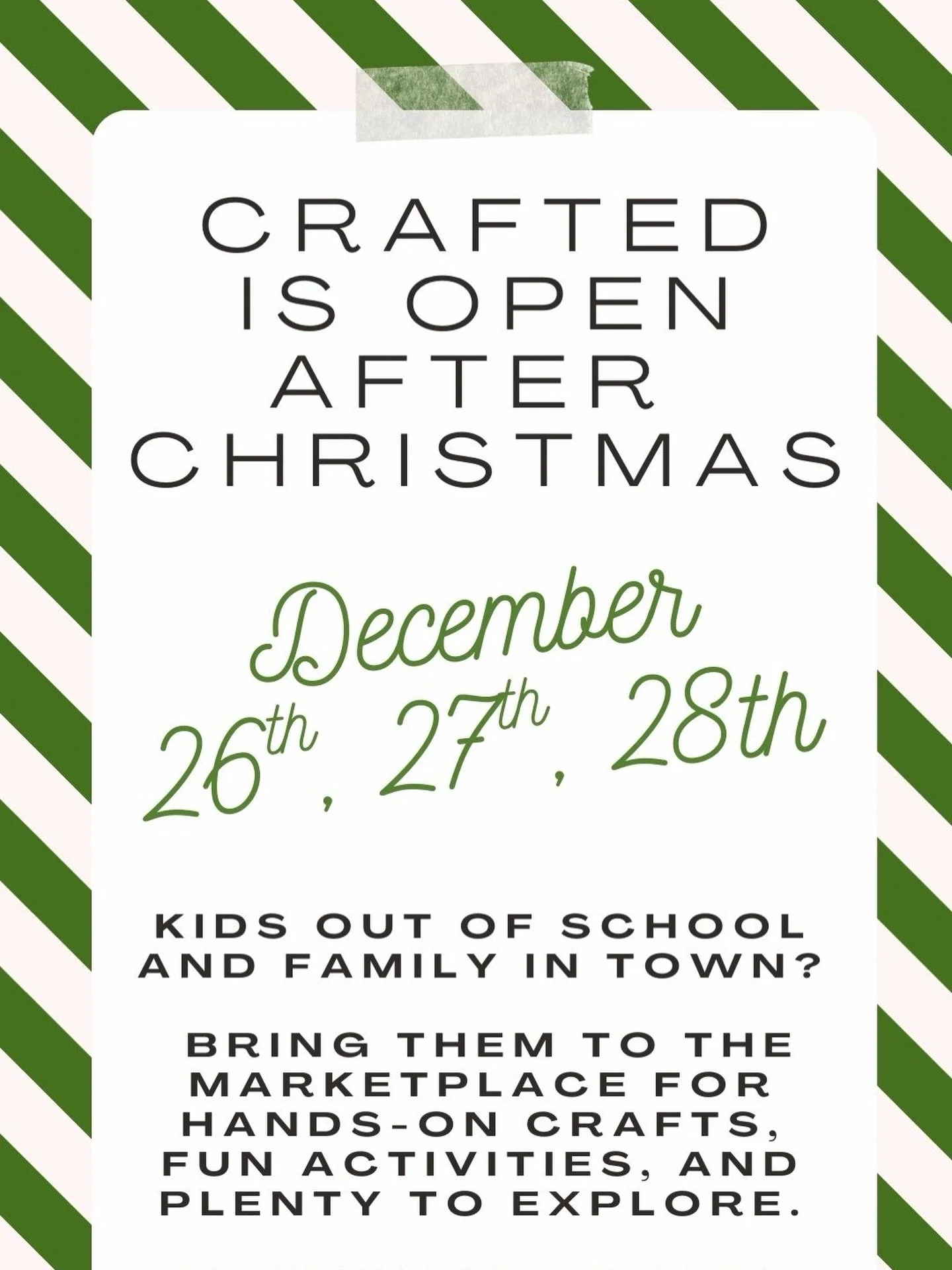 Kids out of school and family in town? We&rsquo;ve got you 👍

CRAFTED is open TODAY, Saturday and Sunday (Dec 26&ndash;28), from 11am-6pm with hands-on crafts, fun activities, and plenty to explore for all ages. 🎨🛍️