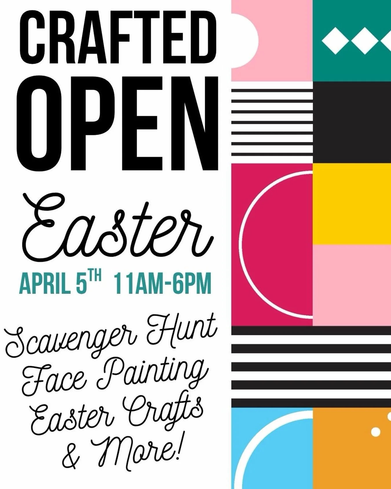 Spend Easter with us 🐣🌸
CRAFTED is open regular hours this Sunday, 11am&ndash;6pm&mdash;perfect for a day out with the family.
Enjoy a scavenger hunt, face painting, Easter crafts, and plenty of local shops to explore.