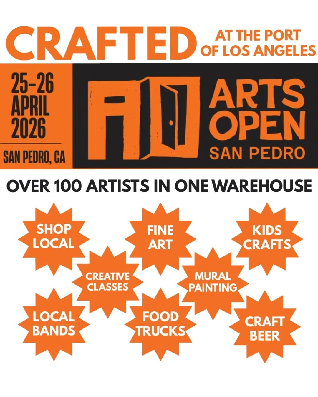 One week until @artsunitedsp ARTS OPEN returns to San Pedro 🎨✨

April 25&ndash;26, experience a citywide celebration of artists and creative spaces, with CRAFTED as one of your stops. Join us for live music, local artists, creative classes, mural pa