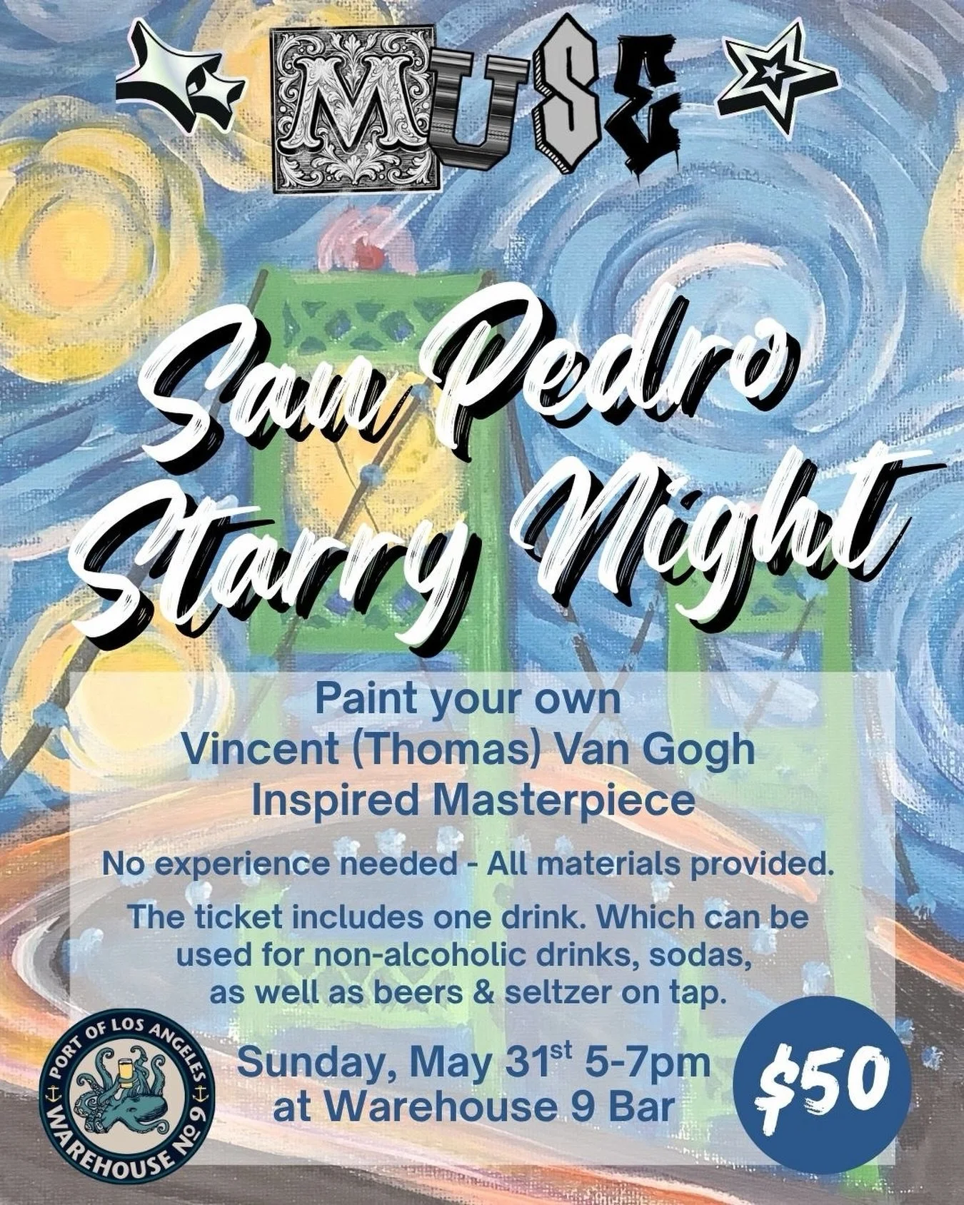 🎨 Paint. 🍺 Sip. ✨ San Pedro.
Join @craftedportla ✕ @wh9bar for a Starry Night-inspired PAINT &amp; SIP on Sunday, May 31st from 5&ndash;7PM at Warehouse 9. 

Create your own Van Gogh-inspired masterpiece with guidance from a CRAFTED artist while en