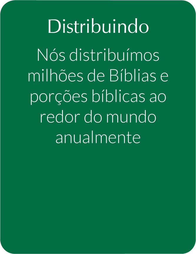 Imagem com fundo verde e texto em branco que diz: "Distribuindo. Nós distribuímos milhões de Bíblias e porções bíblicas ao redor do mundo anualmente."