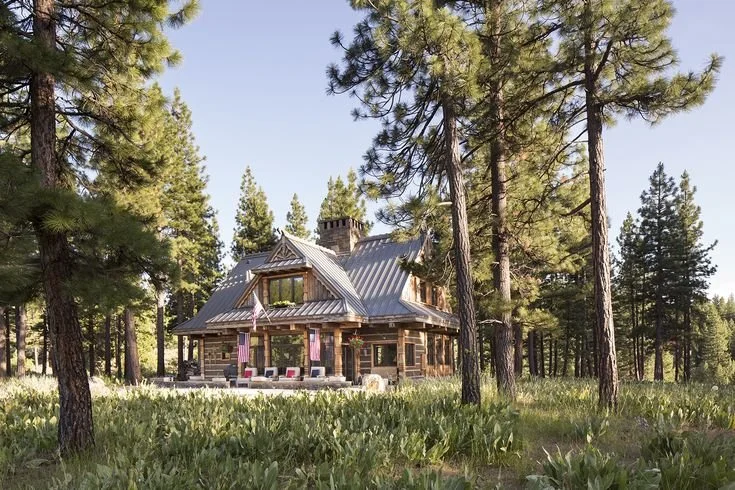 A rustic wooden house with a metal roof, surrounded by tall pine trees in a forested area, with an American flag hanging outside.
