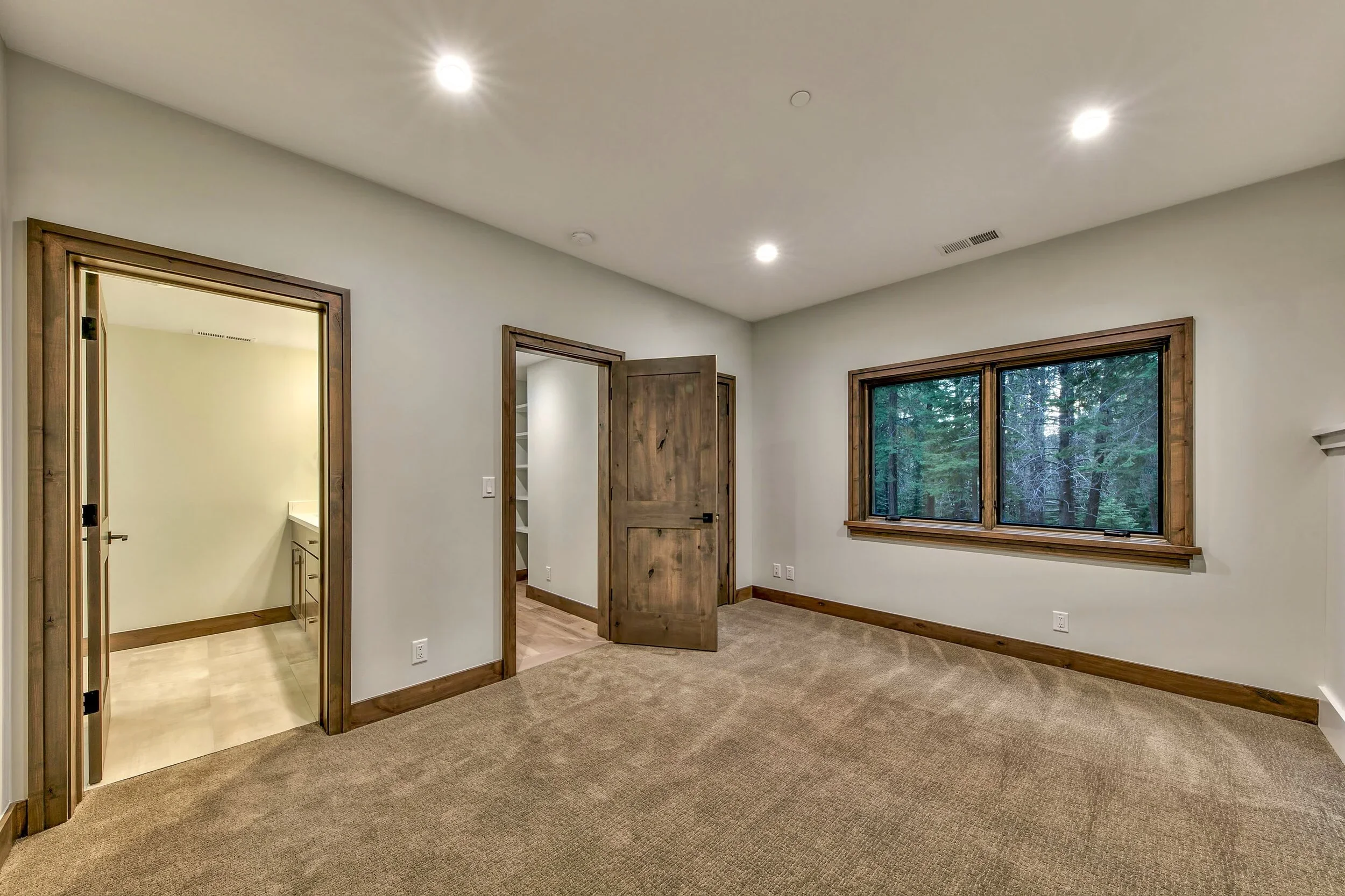 Empty room with beige carpet, wood trim, a large window overlooking trees, and an open door leading to a closet or bathroom with light-colored flooring.