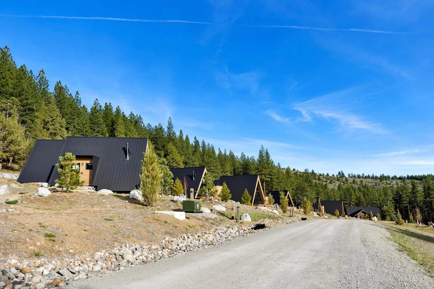 A-frame sleeping cabins with steep black metal roofs and natural wood entries arranged along a winding gravel road on a pine-covered hillside beneath a vivid blue sky.