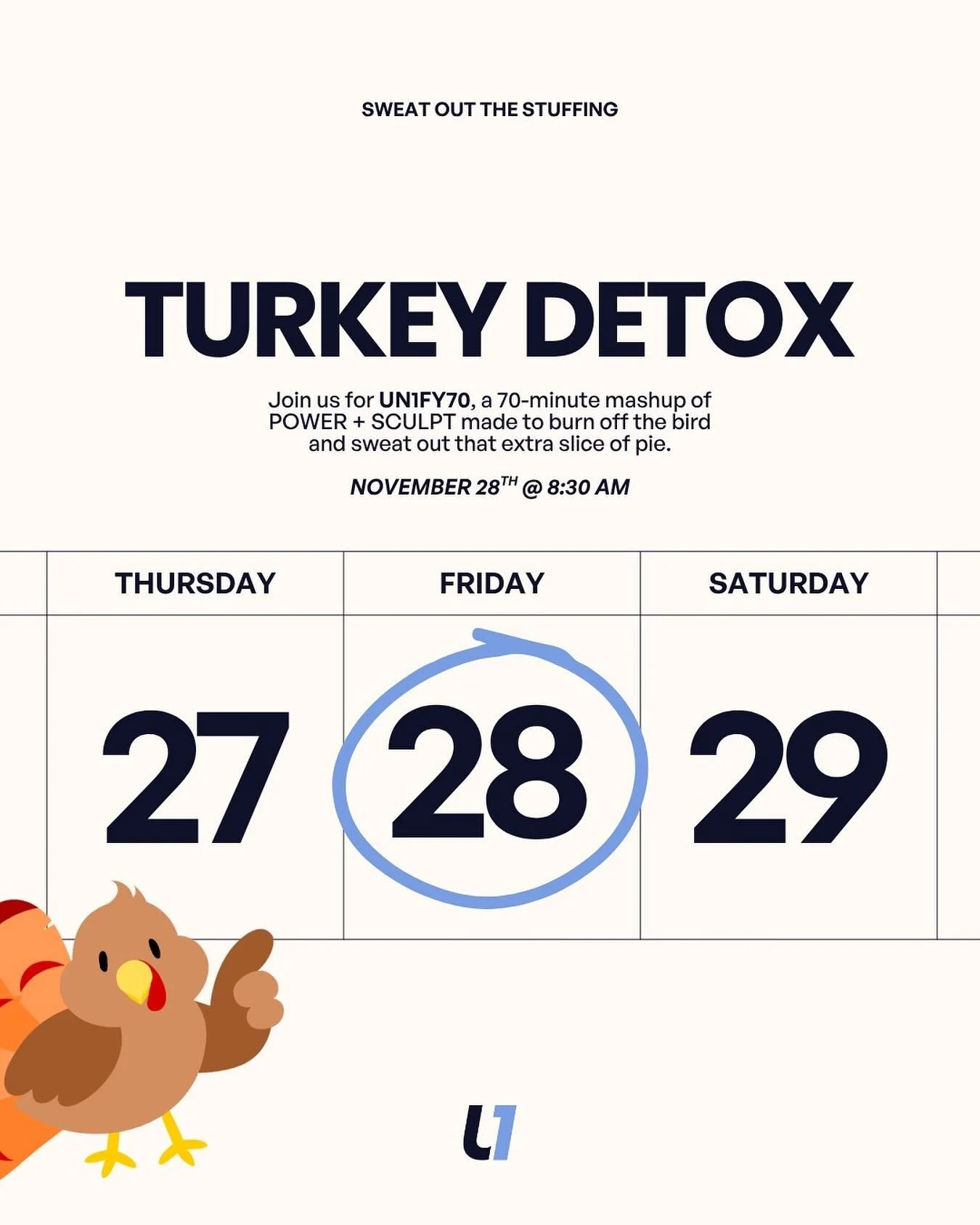 Your post-Thanksgiving reset starts at @un1fyfitness 🦃💪🏻

Join us for UN1FY70, a 70-minute SPECIAL EDITION class featuring 35 minutes of POWER and 35 minutes of SCULPT. You&rsquo;ll sweat, switch rooms at halftime, and walk out feeling way less&he