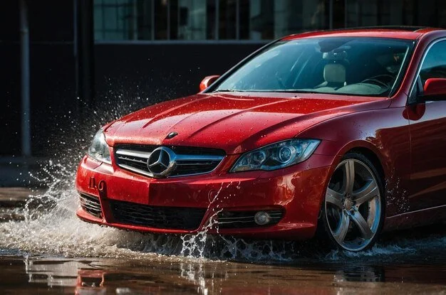 Red Mercedes-Benz car driving through water, creating splashes, in front of a building with glass windows.